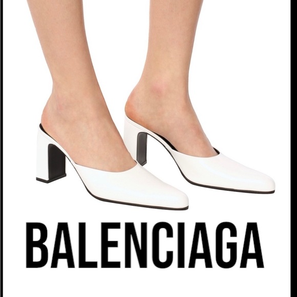 BALENCIAGA 80 MM OPTIC WHITE HEELED MULES, CALF LEATHER, made Italy - Picture 2 of 16